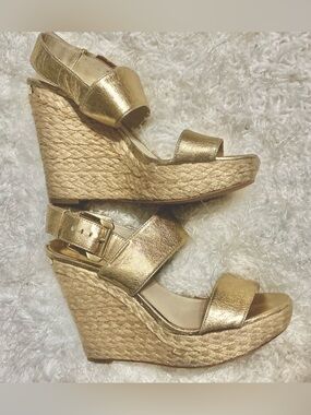 Michael Kors Metallic Gold Espadrille Wedge Sandals